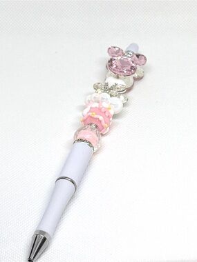 Decorative Pink Beaded Ballpoint Pen - White Barrel